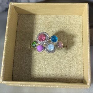 Vibrant Gemstone Cluster Ring in Silver Tone size 8